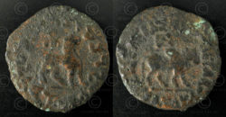 Indo-Scythian bronze coin C257. Copper alloy hexa-chalkon depicting a lion stand