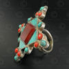 Turquoise coral mosaic silver ring R244C. India.