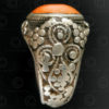 Coral and granulated silver ring R286. Turkmen culture, Central Asia.