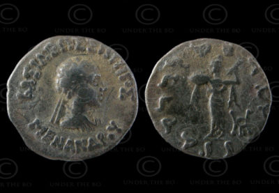 Monnaie indo-grecque C120. Drachme d'argent du roi Menandre. Afghanistan.