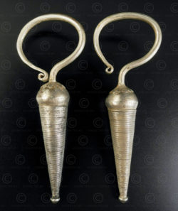 Pair of Akha silver earrings E218. Akha minority, Shan plateau, Eastern Burma.