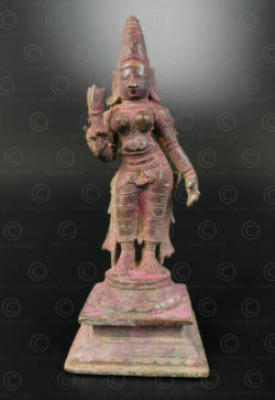 Bronze Lakshmi holding lotus bud 16N36. Tamil Nadu state, Southern India.