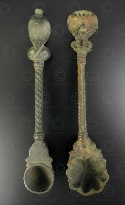 Two bronze ritual spoons 16P65A. Andhra Pradesh state, Southern India.