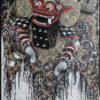 Oil on canvas painting, with added sequins, depicting the mythical figure of the barong dance, Bali, Indonesia. Signed Djawy Bali (I Nengah Djawi). Dated 2001. 95 high x 65 cm.