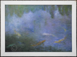 Framed acrylic on canvas painting depicting fishes in a pond, reminding of Claude Monet famous Giverny pond, signed by Tanachai Ekuruchaitep (born 1967) for his «Impresion of Nature» series. Chiang Mai, Thailand. 1996. 79 cm high x 109 cm, frame: 93 x 123,5 cm.