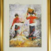 Framed acrylic on thick mulberry paper painting depicting two women sorting rice husk. Signed [Yadab Chandra] Bhurtel, born 1957, an artist from Pokhara, Nepal. Dated 2002. 37 cm high x 27 cm. Frame: 52 x 42.5 cm.