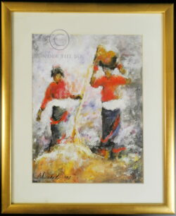 Framed acrylic on thick mulberry paper painting depicting two women sorting rice husk. Signed [Yadab Chandra] Bhurtel, born 1957, an artist from Pokhara, Nepal. Dated 2002. 37 cm high x 27 cm. Frame: 52 x 42.5 cm.