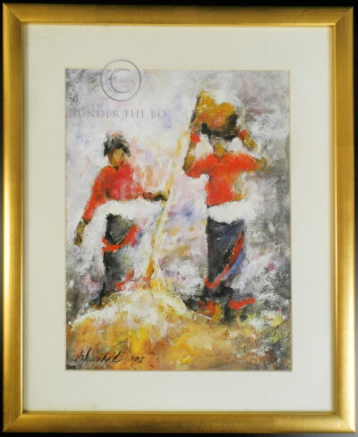 Framed acrylic on thick mulberry paper painting depicting two women sorting rice husk. Signed [Yadab Chandra] Bhurtel, born 1957, an artist from Pokhara, Nepal. Dated 2002. 37 cm high x 27 cm. Frame: 52 x 42.5 cm.