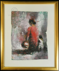 Acrylic on thick creased mulberry paper painting depicting a woman and child. Signed [Yadab Chandra] Bhurtel, born 1957, an artist from Pokhara, Nepal. Dated Dec. 2001. 37 cm high x 27 cm. Frame: 52 x 42.5 cm.