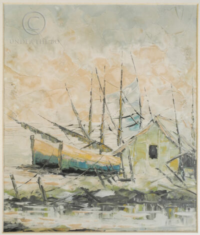 Framed oil painting on thick paper depicting a marine view of Javanese sail boats and ffloating house, by Nita, Surabaya. Unsigned. Undated, likely 1990s. 37.5 high x 32cm. Frame: 56 x 50 cm.