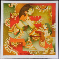 Oil painting on card board depicting two Indian ladies on a bright abstract background. Signed Karunakaran (1940-2013), a Kerala painter and illustrator, India. Dated 2002. 27.5 x 27.5 cm.