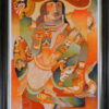 Framed oil painting on card board depicting a dancing Indian lady on a bright abstract background. Signed Karunakaran (1940-2013), a Kerala painter and illustrator, India. Dated 2002. 41 high x 29 cm. Frame: 47 x 35 cm.