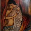The Kiss, mixed media picture (lacquer, egg shells, oil paint...) in Vietnam traditional style. Unsigned. By Rattana Wongsupha (born 1979), from the faculty of Fine Arts, Chiang Mai University, where she got first price for this picture. 2002. 40 cm high x 58,5 cm, frame: 73,5 x 55 cm.