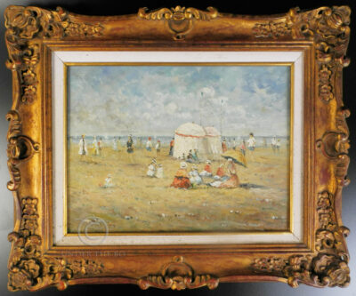 A framed oil painting on canvas depicting a beach side view. Normandy school. Unsigned. In the style of Eugène Boudin. Undated, early 20th century. 29 cm high x 38.5 cm. Frame 47 x 57 cm.