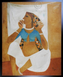 Peinture acrylique sur toile, représentant une femme assise. Signée MB Patil (1939-2017), peintre de Bangalore. Datée 1998. 75 cm de haut x 60 cm.