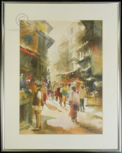 Aquarelle encadrée représentant une scène de rue de Katmandou, par l'aquarelliste renommé D.Ram Palpali, né en 1969 au Népal. Datée 2002. 38 cm de haut x 28 cm. Cadre: 39,5 x 49,5 cm.