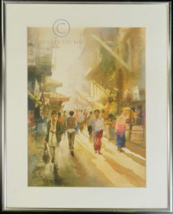 Aquarelle encadrée représentant une scène de rue de Katmandou, par l'aquarelliste renommé D.Ram Palpali, né en 1969 au Népal. Datée 2002.  38 cm de haut x 28 cm. Cadre: 39,5 x 49,5 cm.