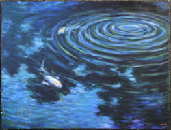 Peinture acrylique sur toile représentant des poissons dans un étang bleu, rappelant le célèbre bassin de Claude Monet à Giverny, signée par Tanachai Ekuruchaitep (né en 1967) pour sa série «Impression de Nature». Chiang Mai, Thaïlande. 1997. 100 cm de haut x 130 cm.