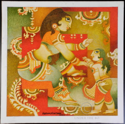 Peinture à l'huile sur carton représentant deux indiennes sur un fond abstrait lumineux. Signée Karunakaran (1940-2013), peintre et illustrateur du Kerala, Inde. Datée 2002. 27,5 x 27,5 cm.