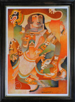 Peinture à l'huile sur carton encadrée représentant une danseuse sur un fond abstrait lumineux. Signée Karunakaran (1940-2013), peintre et illustrateur du Kerala, Inde. Datée 2002. 41 cm de haut x 29 cm. cadre: 47 x 35 cm.