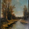 Peinture à l'huile sur panneau représentant une rivière bordée de grands arbres. Signée John Condé (1767-1794), peintre français actif en Angleterre. Fin du XVIIIe siècle. 35 cm de haut x 25 cm.