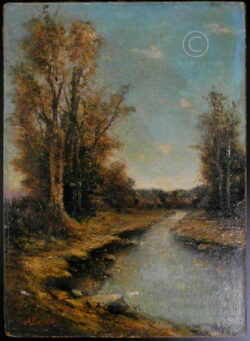 Peinture à l'huile sur panneau représentant une rivière bordée de grands arbres. Signée John Condé (1767-1794), peintre français actif en Angleterre. Fin du XVIIIe siècle. 35 cm de haut x 25 cm.