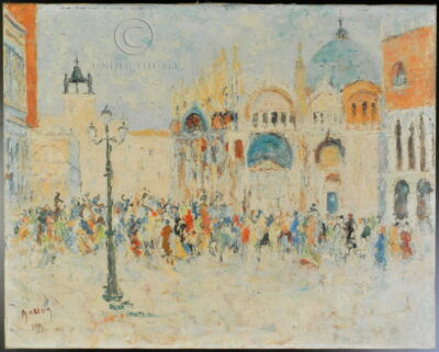 Peinture à l'huile impressionniste sur toile représentant la Piazza San Marco à Venise, Italie. Signée Abel [Marius] Oliva (1904-1977), peintre niçois français. Datée 1971. Hauteur: 34 x 42 cm.