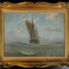 Peinture à l'huile sur toile encadrée représentant une vue marine. Signée Hermann Pikull (1893-1958), peintre allemand spécialisé dans les vues marines. Datée 1949. 27 cm de haut x 38 cm, cadre : 38,5 x 49 cm.
