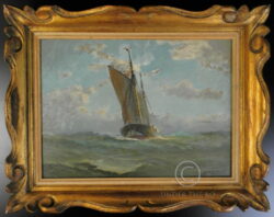 Peinture à l'huile sur toile encadrée représentant une vue marine. Signée Hermann Pikull (1893-1958), peintre allemand spécialisé dans les vues marines. Datée 1949. 27 cm de haut x 38 cm, cadre : 38,5 x 49 cm.