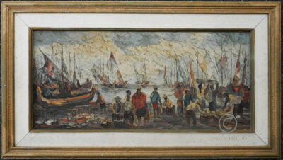 Peinture à l'huile sur toile encadrée représentant une vue marine de voiliers javanais et marché aux poissons. Signée Djony Indra. Daté 1999. 31,5 de haut x 69 cm. Cadre: 50 x 88 cm.