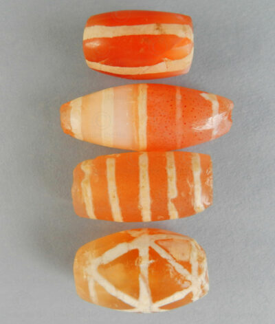 Four Puy etched carnelian beads BD246. Pyu city states, Burma.